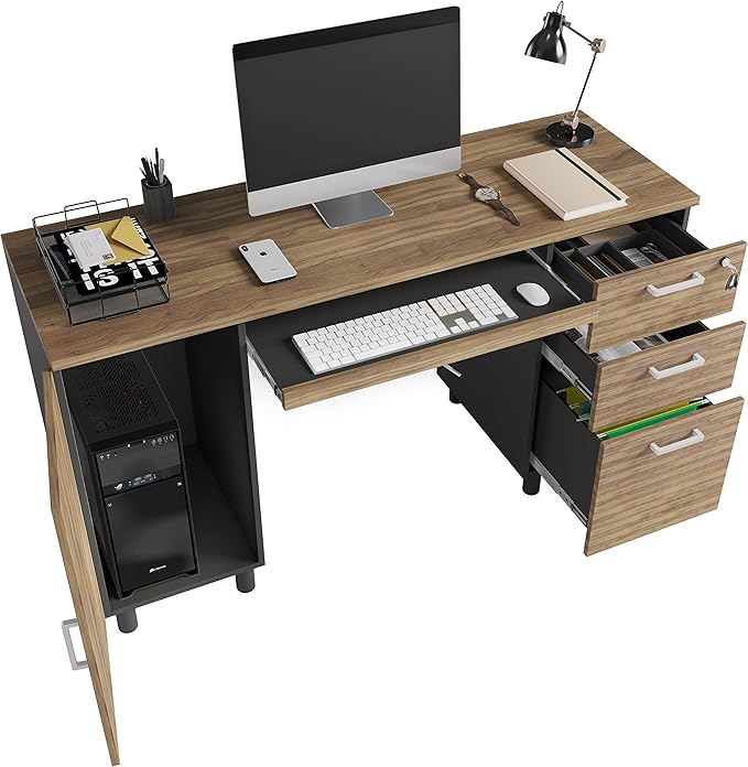 Modern Design By Crafts & comfort Venice Computer Desk - Office Desk with 3 Drawers & CPU Storage Cabinet - Laptop Workstation with Keyboard Tray & Cable Hole - Home & Office Supplies -Cass/black - LeafyLoom