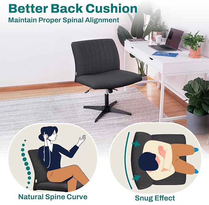 Criss Cross Desk Chair - Wide Armless Office Chair No Wheels, Cross Legged Office Chair, Adjustable Modern 360 Swivel Vanity, Fabric Padded,120° Rocking Ergonomic Mid Back Computer - Black - LeafyLoom