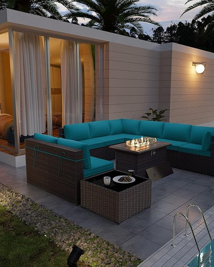 Patio Furniture Sectional Sofa Set 10-Pieces PE Rattan Patio Conversation Set w/43in Gas Fire Pit Table, Outdoor Furniture with 55000 BTU Propane Fire Pit, Blue - LeafyLoom