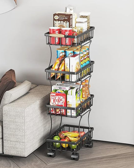 Wisdom Star 4 Tier Fruit Vegetable Basket for Kitchen, Storage Cart, Vegetable Basket Bins, Wire Storage Organizer Utility Cart with Wheels, Medium, Black - LeafyLoom