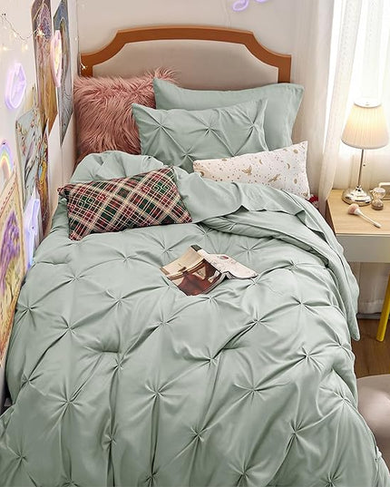 Bedsure Twin Size Comforter Set - Bed in a Bag Queen 5 Pieces, Pintuck Beddding Sets Sage Green Bed Set with Comforter, Sheets, Pillowcase & Sham - LeafyLoom