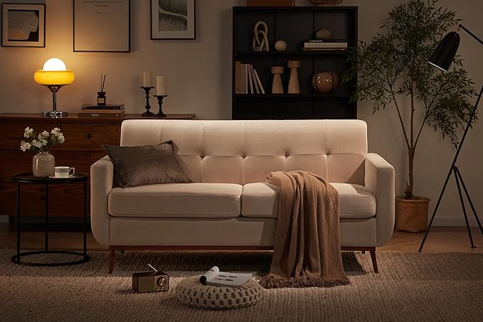 65" Loveseat Sofa, Mid Century Modern Love Seat Couches for Living Room, Comfy Upholstered Sofa Couch for Bedroom, Tufted Design 2 Seater Love Seat Sofa for Small Spaces (Linen-Beige) - LeafyLoom