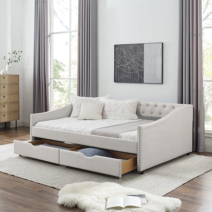 Full Size Daybed with 2 Storage Drawers,Linen Upholstered Sofa Bed W/Button on Back & Copper Nail on Waved Shape Armrests,No Spring Box Need,Wood Bedframe for Living Room Bedroom Dorm,Beige - LeafyLoom