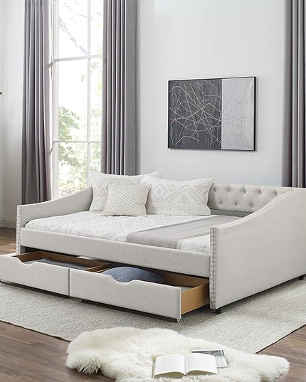 Full Size Daybed with Two Drawers, Upholstered Tufted Sofa Bed, with Nailhead Trim,with Button on Back,for Bedroom,Livingroom, Small Space,Beige (80.5''x55.5''x27.5'') - LeafyLoom