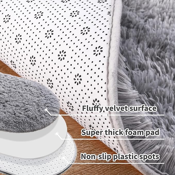 Noahas Ultra Soft Fluffy Bedroom Rugs,Shaggy Grey Area Rugs for Bedroom,Oval Throw Rugs, Kids Room Small Carpet,Living Room Runner Rug Non Slip Modern Home Decor 2.6' X 5.3' - LeafyLoom
