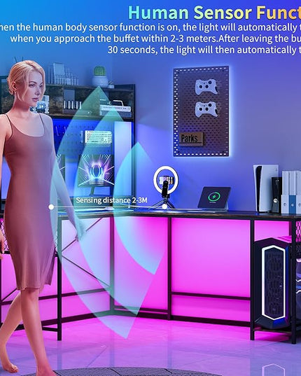 Lvifur 67” L Shaped Desk with Wireless Charging Station,24-Color RGB Dimmable Computer Desk with Pegboard,Gaming Desk with Monitor Stand, Display Stand,Human Sensor Lights for Home Office - LeafyLoom