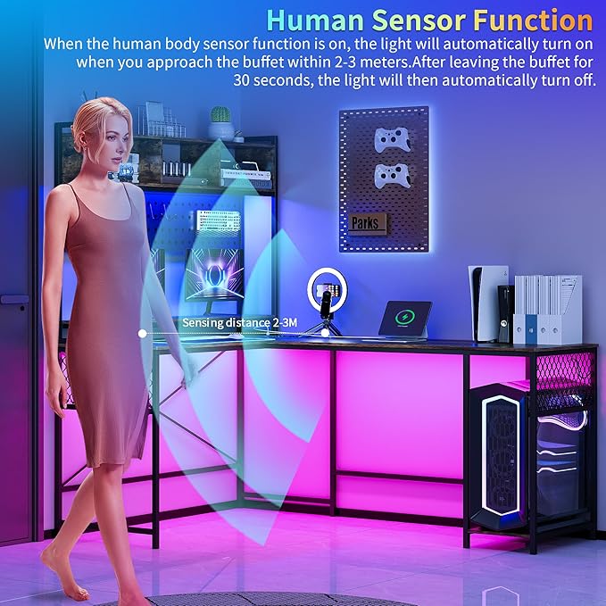 Lvifur 67” L Shaped Desk with Wireless Charging Station,24-Color RGB Dimmable Computer Desk with Pegboard,Gaming Desk with Monitor Stand, Display Stand,Human Sensor Lights for Home Office - LeafyLoom