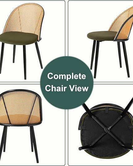 Mid Century Modern Dining Chairs Set of 2, Olive Green Dining Chairs, Kitchen Chairs with Full Rattan Back and Metal Tapered Legs, Kitchen & Dining Room Chairs - LeafyLoom