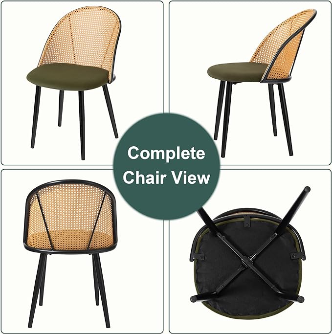 Mid Century Modern Dining Chairs Set of 2, Olive Green Dining Chairs, Kitchen Chairs with Full Rattan Back and Metal Tapered Legs, Kitchen & Dining Room Chairs - LeafyLoom
