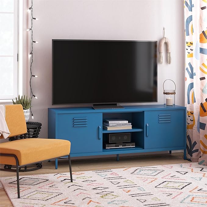 Novogratz Cache Metal Locker-Style TV Stand for TVs up to 65", Bright Blue - LeafyLoom