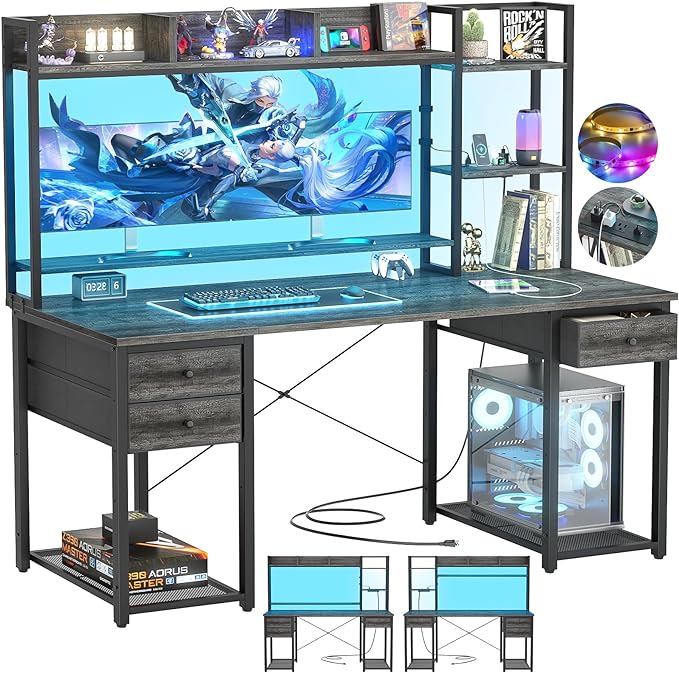 Aheaplus Desk with LED and Outlets, Gaming Desk with Hutch, 55.2'' Computer Desk with Drawers, Reversible office desk with storage bookshelf Large Workstation Desk with Shelf, Desk for Home, Black Oak - LeafyLoom
