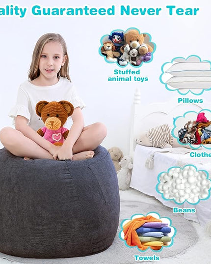 Stuffed Animal Storage Bean Bag Chair Cover (No Filler) for Kids and Adults.Soft Premium Corduroy Stuffable Beanbag for Organizing Children Plush Toys or Memory Foam Small 100L (Dark Grey) - LeafyLoom