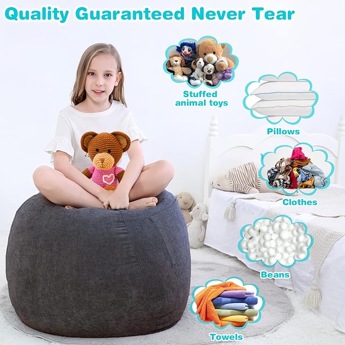 Stuffed Animal Storage Bean Bag Chair Cover (No Filler) for Kids and Adults.Soft Premium Corduroy Stuffable Beanbag for Organizing Children Plush Toys or Memory Foam Small 100L (Dark Grey) - LeafyLoom