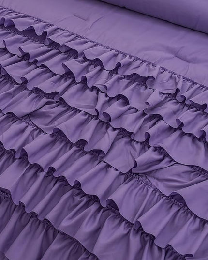 Purple Comforter Set Full Size, Light Purple Boho Ruffle Bedding Set, 3Pcs Kids Girls Full Size Bedding Sets for All Season - LeafyLoom