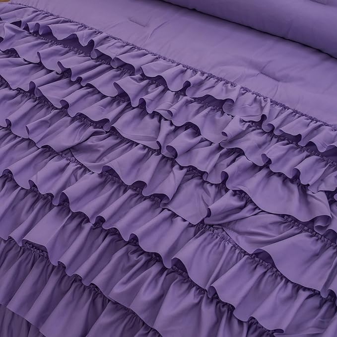 Purple Comforter Set Full Size, Light Purple Boho Ruffle Bedding Set, 3Pcs Kids Girls Full Size Bedding Sets for All Season - LeafyLoom