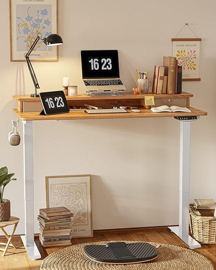 FEZIBO 60 x 24 Inch Height Adjustable Electric Standing Desk with Double Drawer, Stand Up Desk with Storage Shelf, Sit Stand Desk, Light Rustic - LeafyLoom