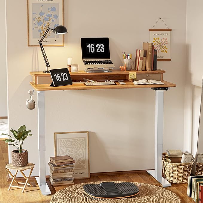 FEZIBO 60 x 24 Inch Height Adjustable Electric Standing Desk with Double Drawer, Stand Up Desk with Storage Shelf, Sit Stand Desk, Light Rustic - LeafyLoom