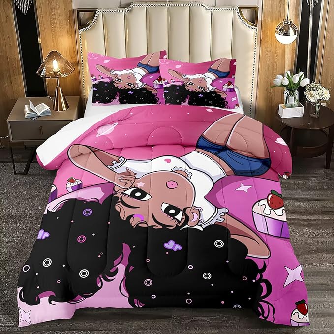 Black Girl Comforter Set, Black Girl Magic Comforter Set Queen Bed Bedding Sets Cute Teenage Girl Bedding Pink African American Pattern Soft Microfiber 3 Piece Quilt Set, 1 Comforter + 2 Pillowcase - LeafyLoom