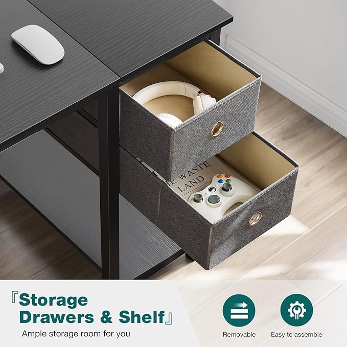 SMUG Computer Desk with Storage Drawers, 47 Inch Small Office Desk Modern Simple Workstation Study Writing Table for Home Bedroom, Black - LeafyLoom
