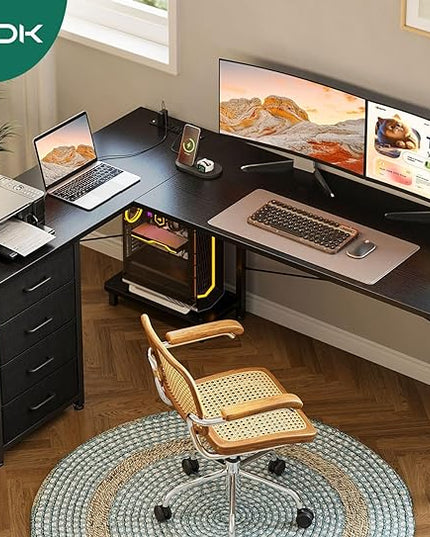 AODK L Shaped Desk with 4 Tier Drawers, 61" Reversible Gaming Desk with Power Outlets, L Shaped Computer Desk with USB Charging Port and Host Stand, Home Office Corner Desk, Easy to Assemble, Black - LeafyLoom