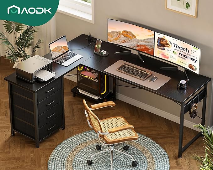 AODK L Shaped Desk with 4 Tier Drawers, 61" Reversible Gaming Desk with Power Outlets, L Shaped Computer Desk with USB Charging Port and Host Stand, Home Office Corner Desk, Easy to Assemble, Black - LeafyLoom