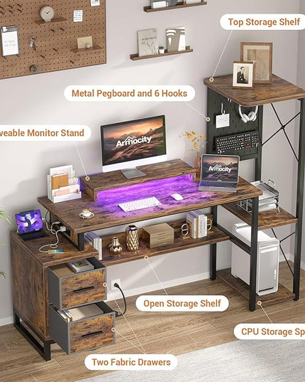 Computer Desk with 2 Fabric Drawers - Reversible Home Office Desk with Power Outlet & LED Lights, 53" Writing Desk with Monitor Stand & Storage Shelves, Gaming Desk with Pegboard, Rustic Brown - LeafyLoom