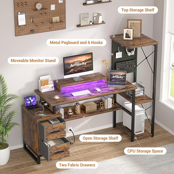 Computer Desk with 2 Fabric Drawers - Reversible Home Office Desk with Power Outlet & LED Lights, 53" Writing Desk with Monitor Stand & Storage Shelves, Gaming Desk with Pegboard, Rustic Brown - LeafyLoom