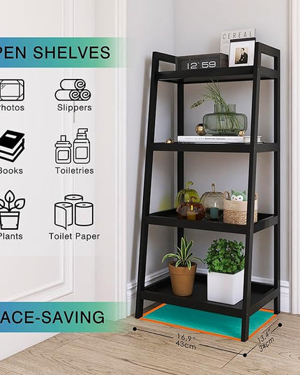 SMIBUY Bamboo Bookshelf, Bathroom Storage Rack Organizer, Plant Flower Display Stand Floor Standing with 4 Tier Open Shelves and Handles (Black) - LeafyLoom