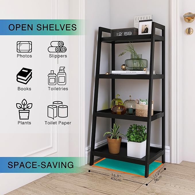 SMIBUY Bamboo Bookshelf, Bathroom Storage Rack Organizer, Plant Flower Display Stand Floor Standing with 4 Tier Open Shelves and Handles (Black) - LeafyLoom