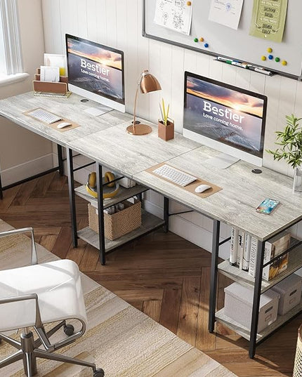 Bestier L Shaped Desk, 95.2 Inch Reversible Corner Computer Desk with Shelves, 2 Person Long Table for Home Office, Large Writing Storage Workstation with 3 Cable Holes, Rustic Brown, Grey Oak - LeafyLoom