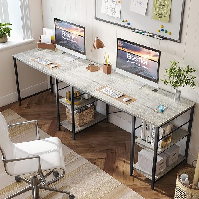 Bestier L Shaped Desk, 95.2 Inch Reversible Corner Computer Desk with Shelves, 2 Person Long Table for Home Office, Large Writing Storage Workstation with 3 Cable Holes, Rustic Brown, Grey Oak - LeafyLoom