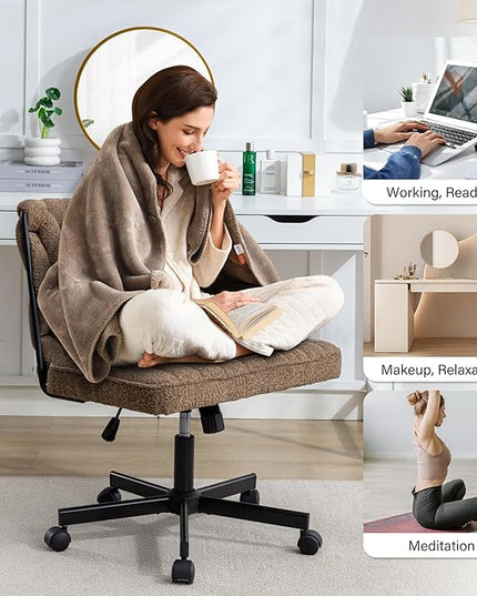 Criss Cross Legged Office Desk Chair with Wheels, Modern Armless Desk Chair with Wide Seat, Home Office Chair for Work, Meditation, Vanity, Brown - LeafyLoom