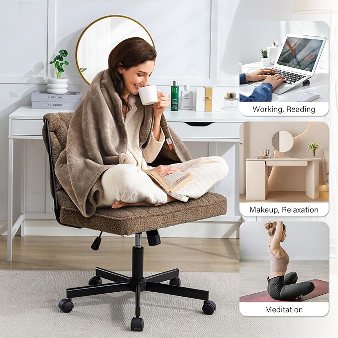 Criss Cross Legged Office Desk Chair with Wheels, Modern Armless Desk Chair with Wide Seat, Home Office Chair for Work, Meditation, Vanity, Brown - LeafyLoom