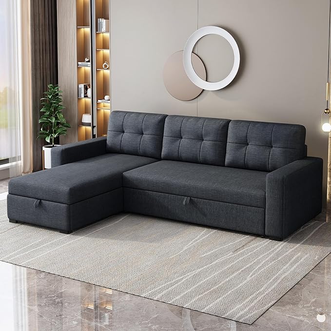 L Shaped Pull Out Couch with Storage Chaise,Convertible Sectional Sleeper Sofa Bed W/ 3 Removable Back Cushions for Living Room,Office,Apartment,Dark Grey,81.5" - LeafyLoom