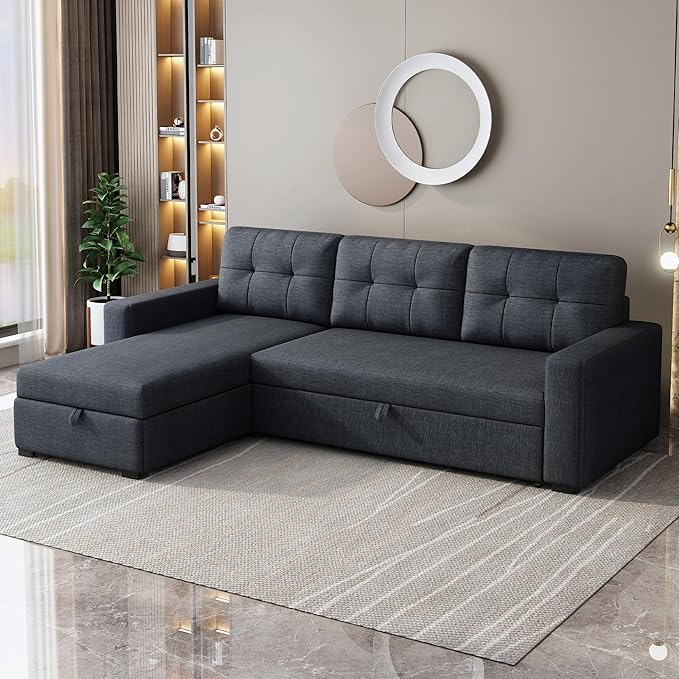 L-Shape Upholstered Sectional Sofa with Storage Chaise & Pull,Convertible Couch W/ 3 Back Cushions,Reversible Sleeper for Living Room Office Apartment, Gray, 81.5", Dark Gray1 - LeafyLoom