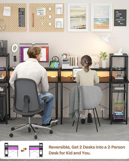 armocity 2024 Upgrade Gaming Desk with LED Lights, Small Computer Desk with Long Monitor Stand, 40'' Reversible Laptop Table with Storage Shelves, Small Desk for Small Spaces, Gaming Room, Black - LeafyLoom