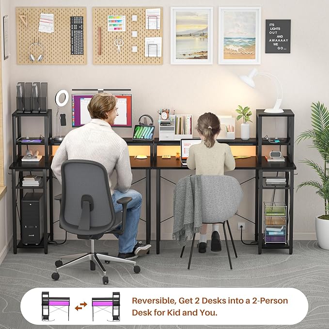 armocity 2024 Upgrade Gaming Desk with LED Lights, Small Computer Desk with Long Monitor Stand, 40'' Reversible Laptop Table with Storage Shelves, Small Desk for Small Spaces, Gaming Room, Black - LeafyLoom