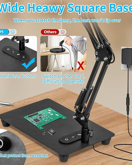 HITTI 10X Magnifying Glass with Light and Stand, Upgrade Base Button, 3 Color Modes Stepless Dimmable Magnifying Lamp, Adjustable Swing Arm LED Lighted Magnifier for Crafts Soldering Hobby - LeafyLoom