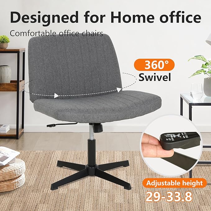 FDW Criss Cross Chair Armless Cross Legged Office Desk Chair Adjustable Swivel Ergonomic Gaming Chair No Wheels Backrest with Wide Seat Native Sponge Computer Task Vanity Chair for Home Office,Grey - LeafyLoom