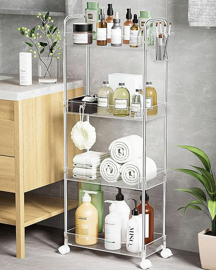 SPACEKEEPER Acrylic Rolling Storage Cart 4 Tier Clear Bathroom Cart Organizer, Transparency Rolling Utility Cart Laundry Room Organization Multifunction Mobile Shelving Unit for Office, Living Room - LeafyLoom