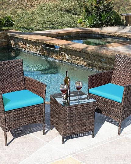 Greesum 3 Pieces Patio Furniture Sets Outdoor PE Rattan Wicker Chairs with Soft Cushion and Glass Coffee Table for Garden Backyard Porch Poolside, Brown and Blue - LeafyLoom