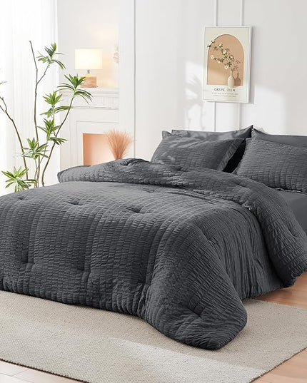 HYMOKEGE Seersucker Twin Comforter Set 3 Pieces, Lightweight Comforter Sets for Bedding, Bed Set with 1 All Season Soft Down Alternative Comforter and 2 Pillow Shams, Dark Grey - LeafyLoom