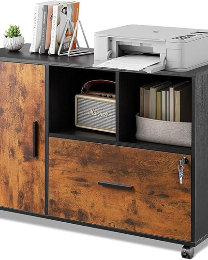 DEVAISE Lateral File Cabinet with Lock, 1-Drawer Rolling File Cabinets on Wheels for Home Office, Wood Printer Stand with Open Storage Shelf, Rustic Brown - LeafyLoom