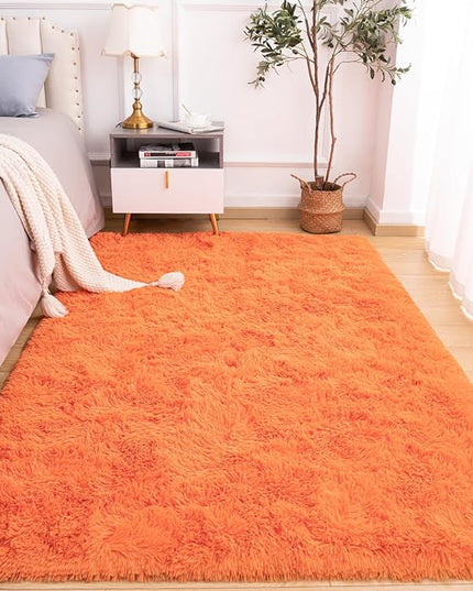Softlife Area Rug for Living Room, 5x8 Feet Plush Fluffy Rug for Bedroom, Orange Furry Shag Rug for Aesthetic Christmas Room Decor, Ultra Soft Modern Fuzzy Faux Fur Carpet for Kids Nursery Room Dorm - LeafyLoom