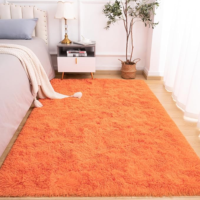Softlife Area Rug for Living Room, 5x8 Feet Plush Fluffy Rug for Bedroom, Orange Furry Shag Rug for Aesthetic Christmas Room Decor, Ultra Soft Modern Fuzzy Faux Fur Carpet for Kids Nursery Room Dorm - LeafyLoom