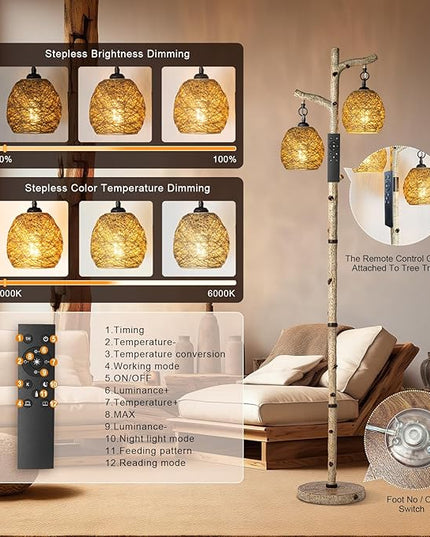 68.5" Rustic Farmhouse Remote Control Switch Birch Tree Floor lamp with Bird Nest Lantern Shade Vintage Standing Lamp for Living Room Bedroom Hotel Bar Office Wood House(LED Bulb Included) - LeafyLoom