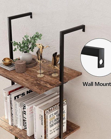 Ladder Shelf 4 Tiers Metal Industrial Bookshelf,Brown Wood Tall Open Storage Rack and Display Shelves,Wall Mount Wide Book Case for Home Office Bedroom,Small - LeafyLoom