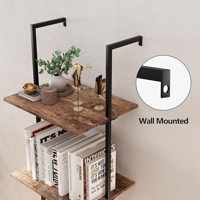 Ladder Shelf 4 Tiers Metal Industrial Bookshelf,Brown Wood Tall Open Storage Rack and Display Shelves,Wall Mount Wide Book Case for Home Office Bedroom,Small - LeafyLoom