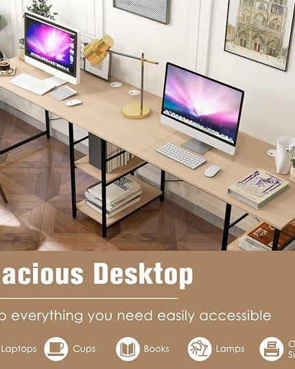 L-Shaped Home Office Desk, Corner Computer Desk w/Monitor Stand, Reversible PC Desk w/Heavy-Duty Metal Frame, Long Office Desk for 2 Person, Space-Saving Design (Natural) - LeafyLoom