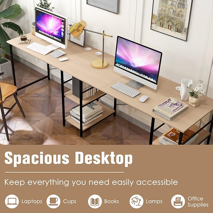 L-Shaped Home Office Desk, Corner Computer Desk w/Monitor Stand, Reversible PC Desk w/Heavy-Duty Metal Frame, Long Office Desk for 2 Person, Space-Saving Design (Natural) - LeafyLoom